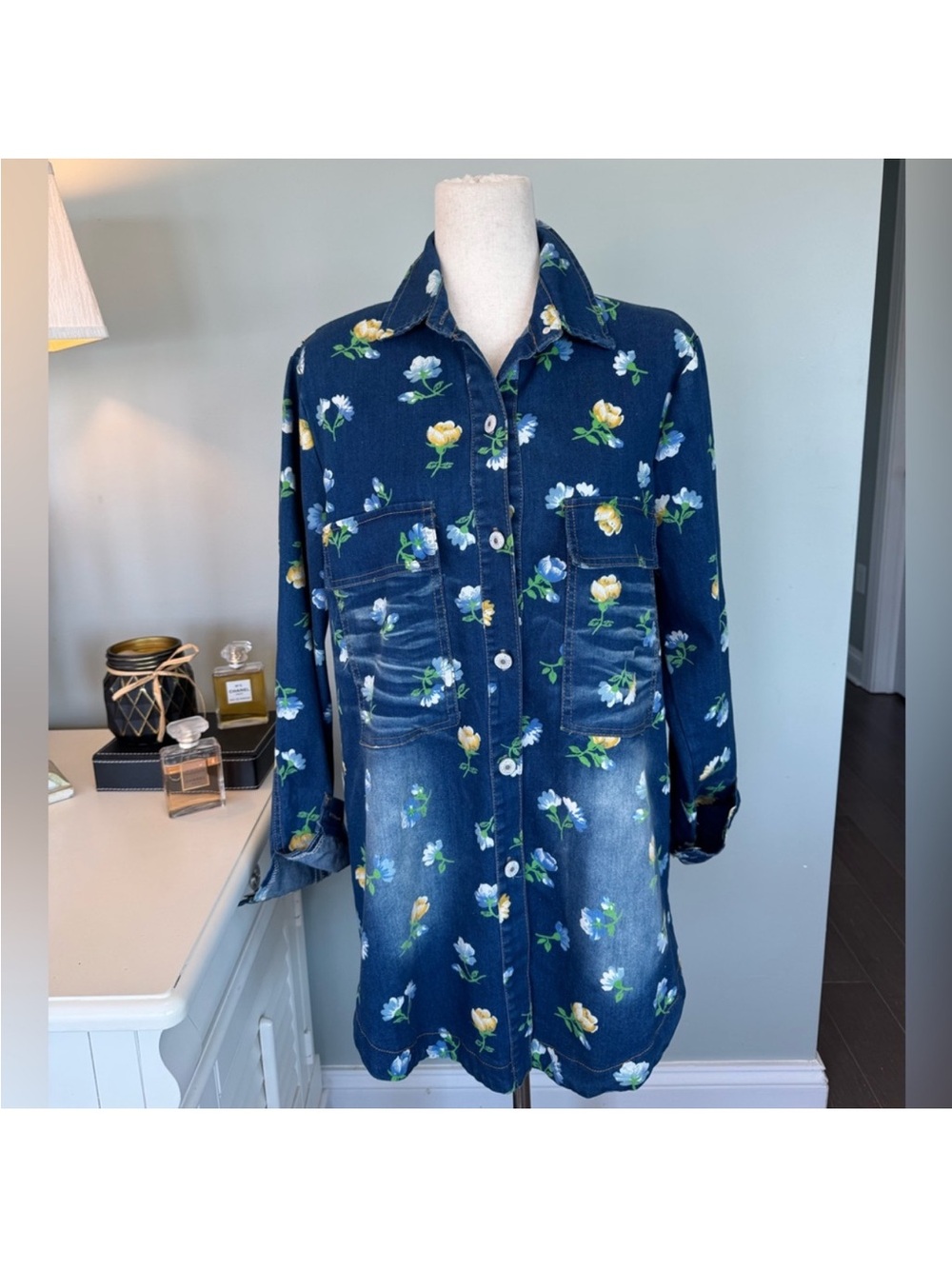 Denim Floral  Shirt Dress Long Sleeve women’s SS Cxl